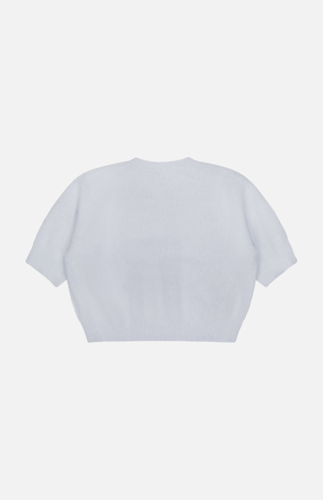 The Guinevere Short Sleeve Cropped Crewneck Shirt by L'AGENCE is shown in pale blue, laid flat on a white background with the back facing up.
