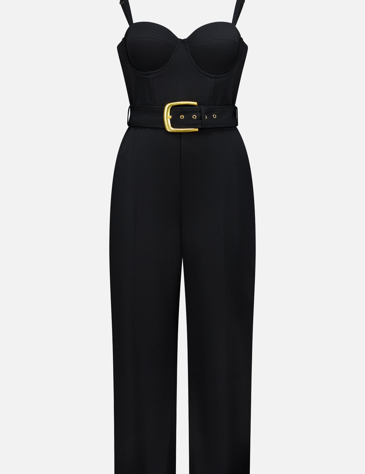 The Jessa Bustier Tailored Jumpsuit by L'AGENCE features a sweetheart neckline, fitted bodice, adjustable straps, wide-leg pants, and a sleek black belt with gold buckle for an effortlessly elegant look.