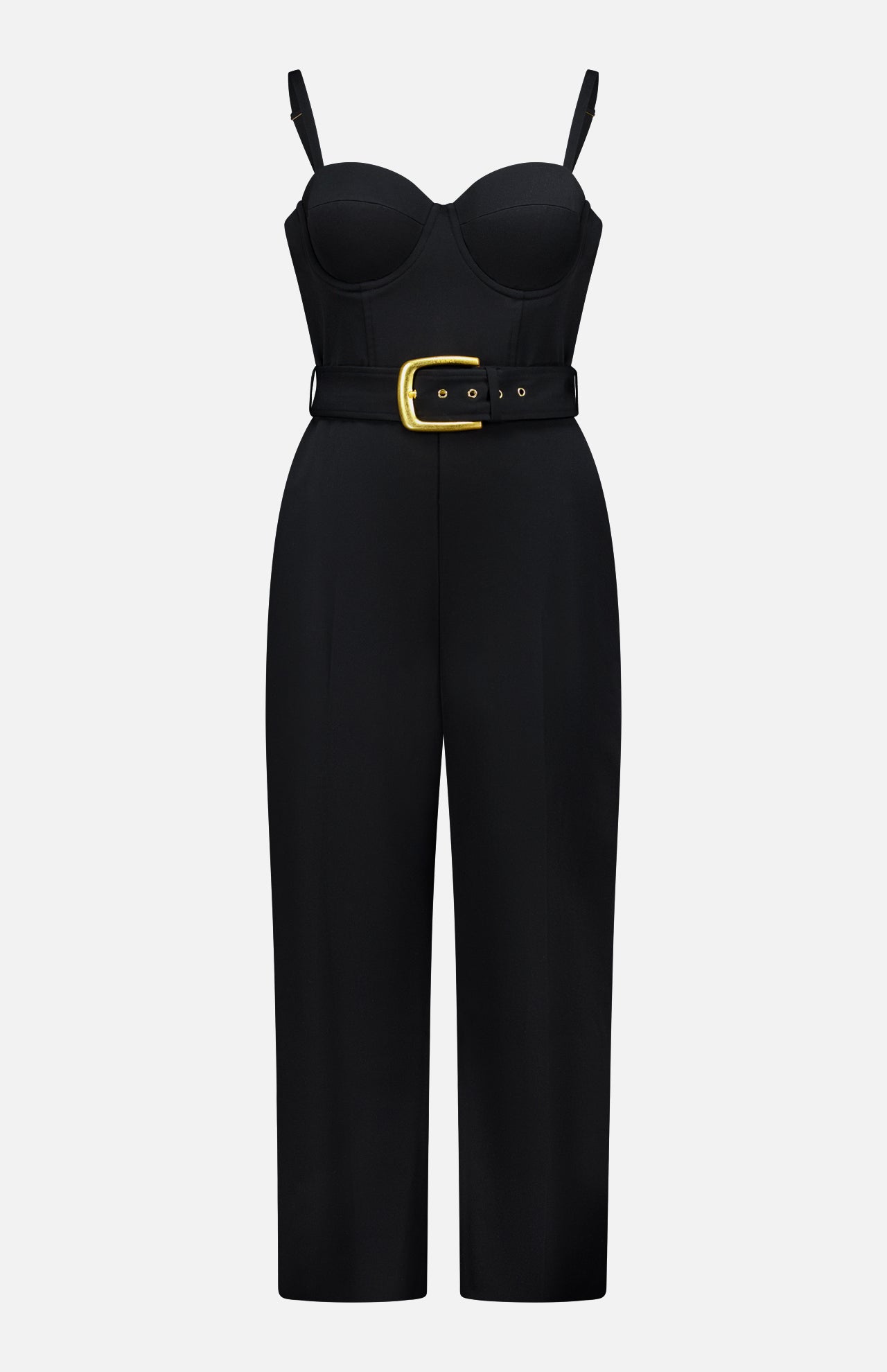 The Jessa Bustier Tailored Jumpsuit by L'AGENCE features a sweetheart neckline, fitted bodice, adjustable straps, wide-leg pants, and a sleek black belt with gold buckle for an effortlessly elegant look.