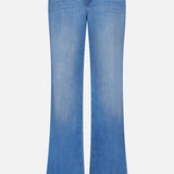 The Joanne Low Rise Wide Leg Jean in Pacific by L'AGENCE features light blue vintage denim, a classic five-pocket design, button and zipper closure, low rise fit, subtle fading on the thighs and knees, and a slight flare at the hem.