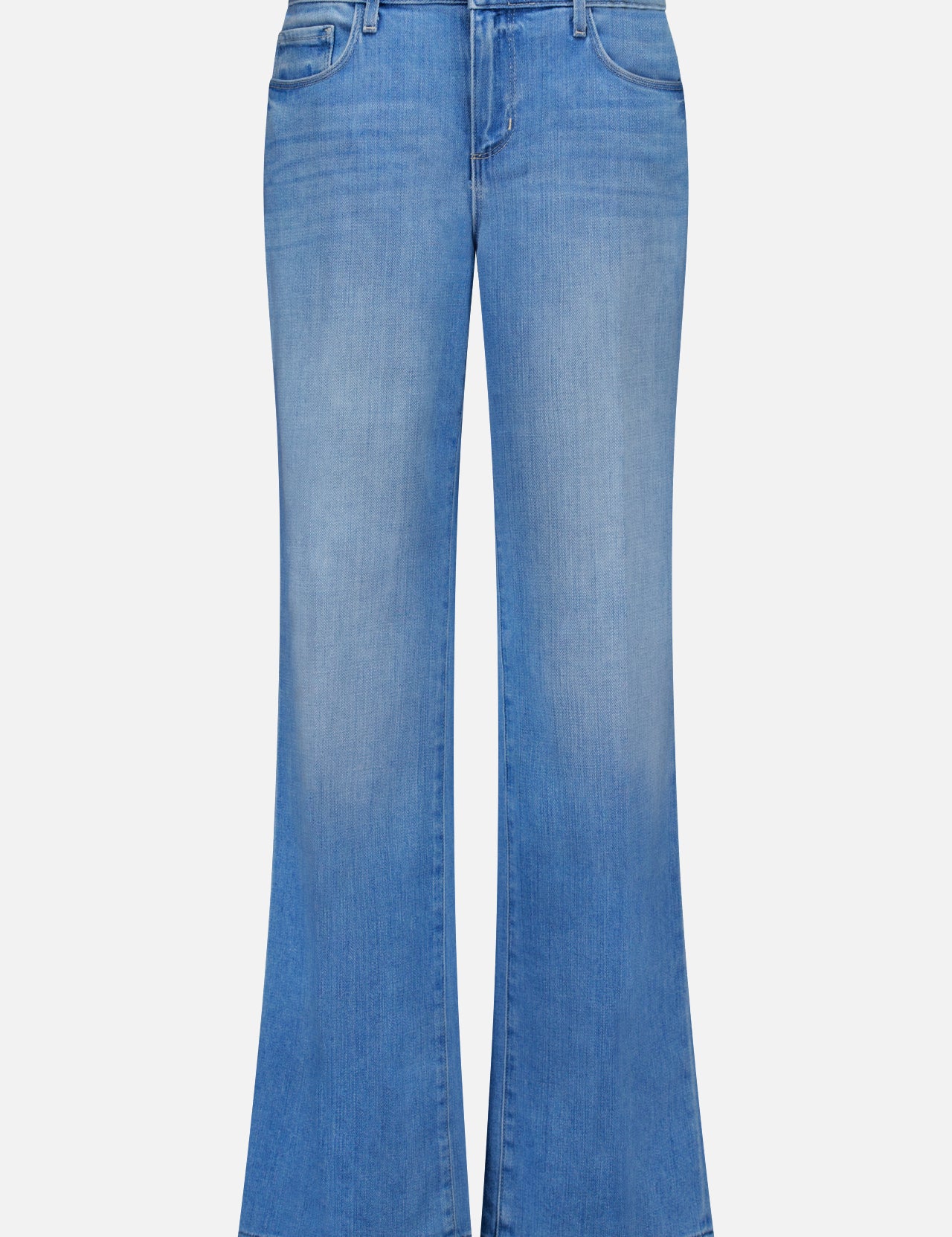 The Joanne Low Rise Wide Leg Jean in Pacific by L'AGENCE features light blue vintage denim, a classic five-pocket design, button and zipper closure, low rise fit, subtle fading on the thighs and knees, and a slight flare at the hem.