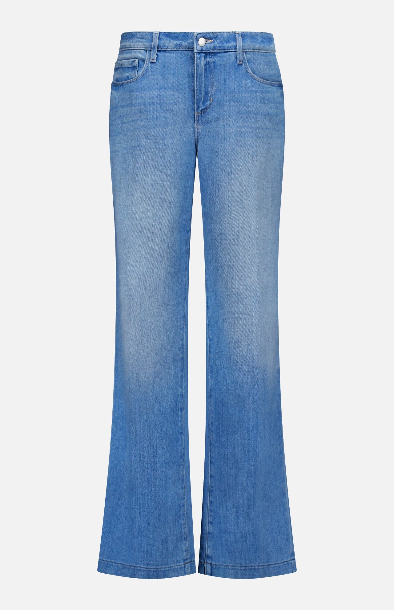 The Joanne Low Rise Wide Leg Jean in Pacific by L'AGENCE features light blue vintage denim, a classic five-pocket design, button and zipper closure, low rise fit, subtle fading on the thighs and knees, and a slight flare at the hem.