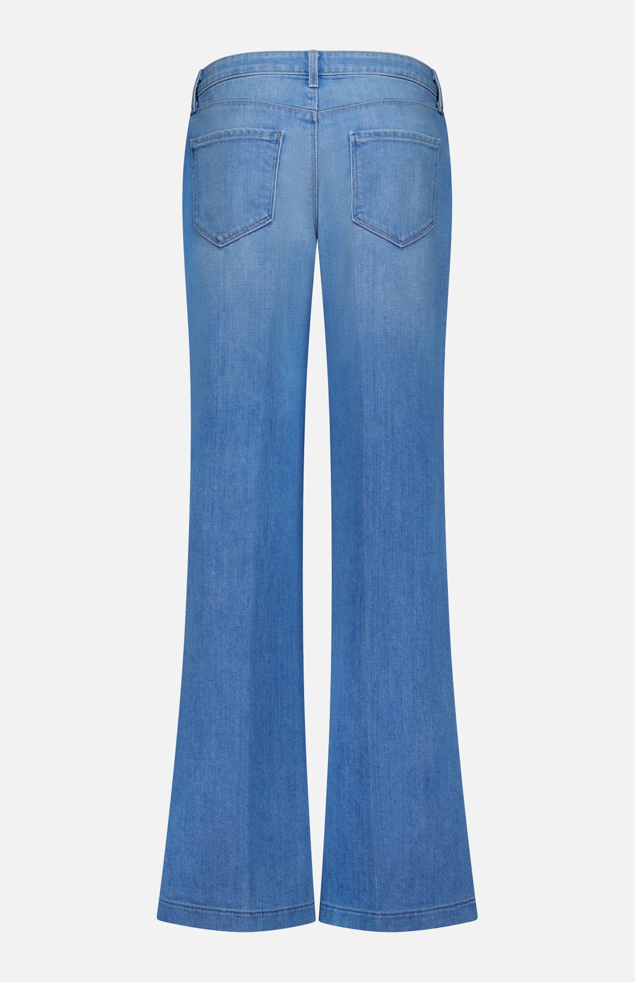 Back view of L'AGENCE Joanne Low Rise Wide Leg Jean in Pacific, featuring light blue vintage denim, flared legs, and two back pockets, displayed against a plain white background.
