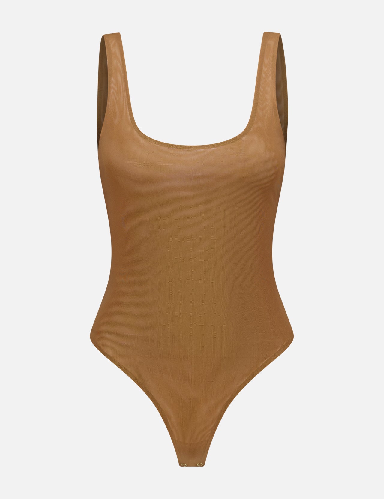 The L'AGENCE Kalea Scoopneck Tank Bodysuit is a sleeveless, tan one-piece featuring a scoop neckline, high-cut legs, and smooth shiny stretch-mesh fabric. It is shown against a plain white background.