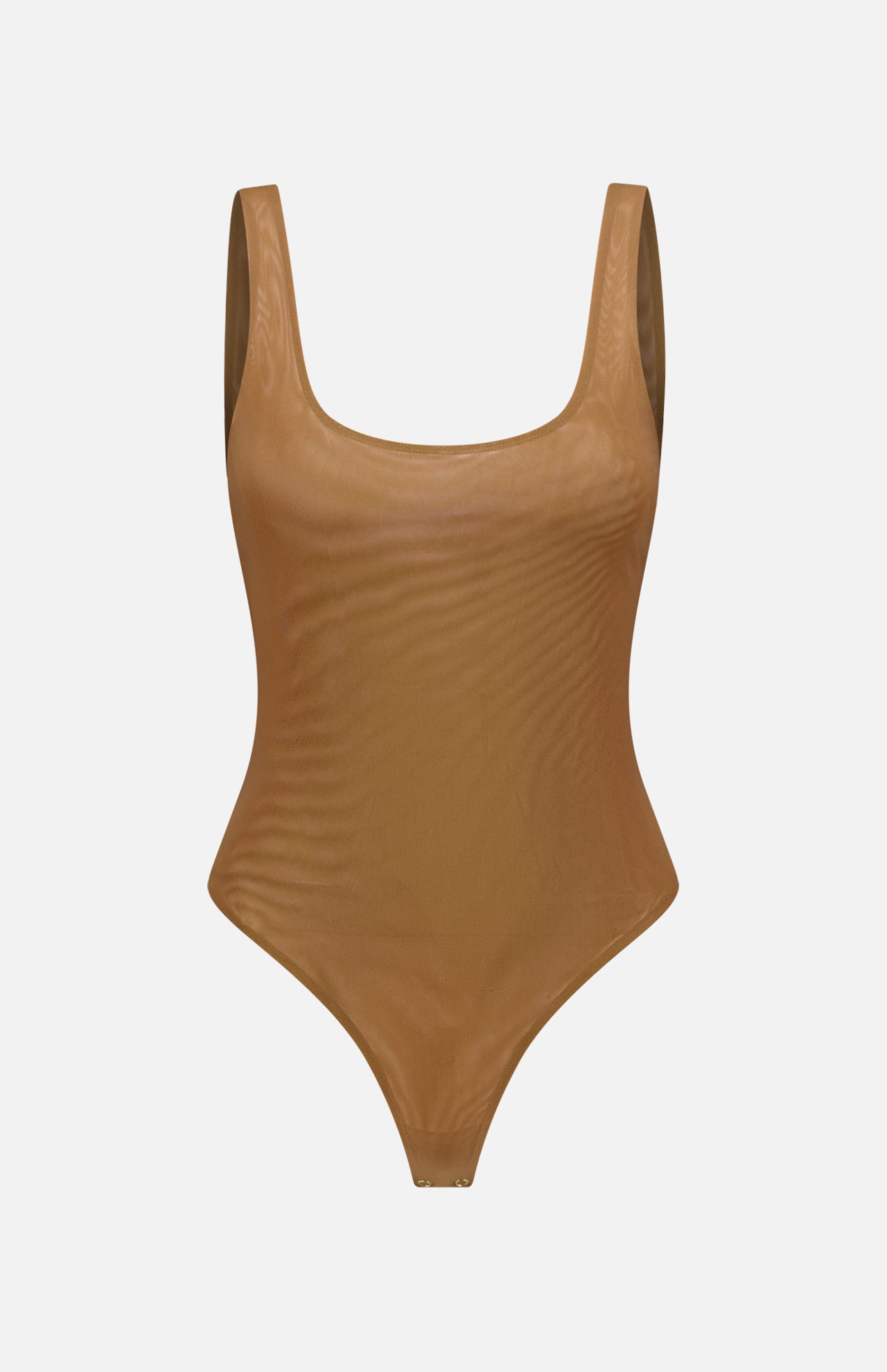 The L'AGENCE Kalea Scoopneck Tank Bodysuit is a sleeveless, tan one-piece featuring a scoop neckline, high-cut legs, and smooth shiny stretch-mesh fabric. It is shown against a plain white background.