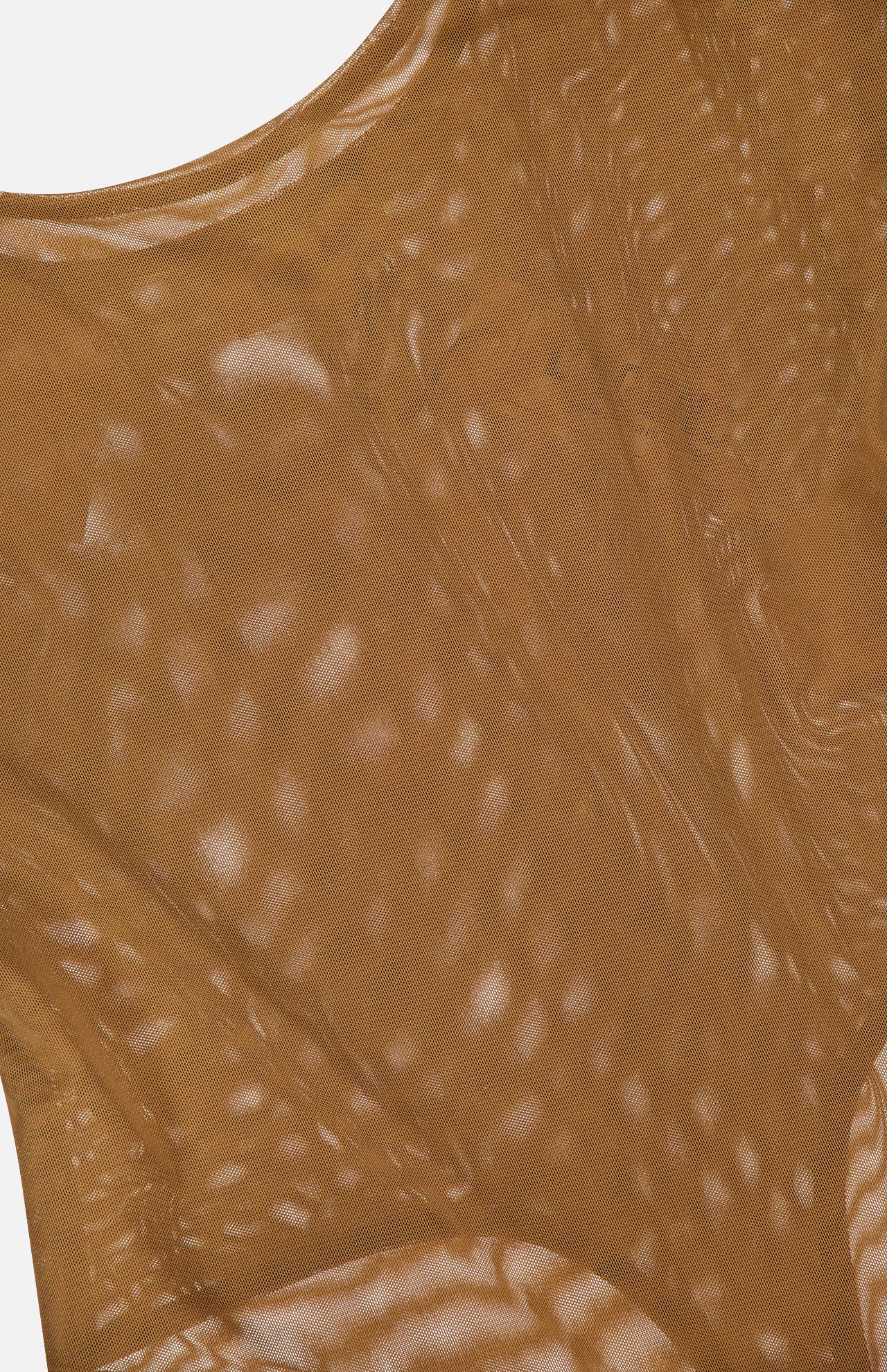 Close-up of sheer brown stretch-mesh fabric with a subtle wavy pattern and varied transparency, highlighting the soft texture of L'AGENCE’s Kalea Scoopneck Tank Bodysuit.