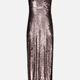 The L’AGENCE Karma Sequin Maxi Dress is a sleeveless, rose gold special occasion gown featuring thin straps and a fitted, floor-length silhouette, displayed on a white background.