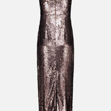 The Karma Sequin Maxi Dress by L’AGENCE is a sleeveless, dark brown maxi dress featuring shimmering sequins, delicate spaghetti straps, and a fitted silhouette—presented against a plain white background and ideal for special occasions.