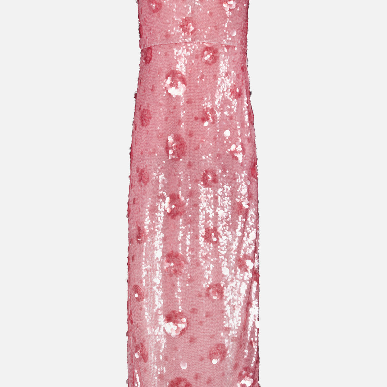 The L'AGENCE Karma Sequin Maxi Dress is a sleeveless pink party dress with thin straps and a straight silhouette, embellished with shimmering rose-patterned sequins in circular designs.