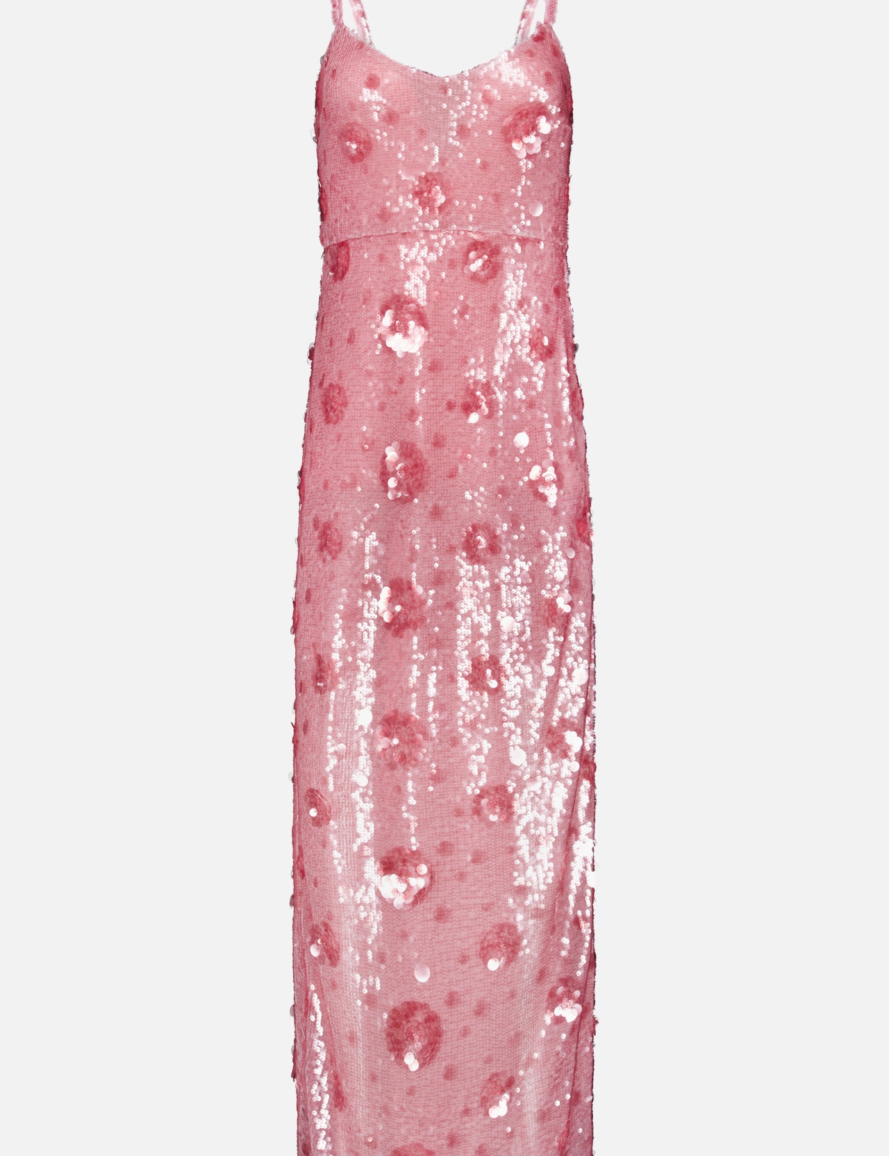 The L'AGENCE Karma Sequin Maxi Dress is a sleeveless pink party dress with thin straps and a straight silhouette, embellished with shimmering rose-patterned sequins in circular designs.