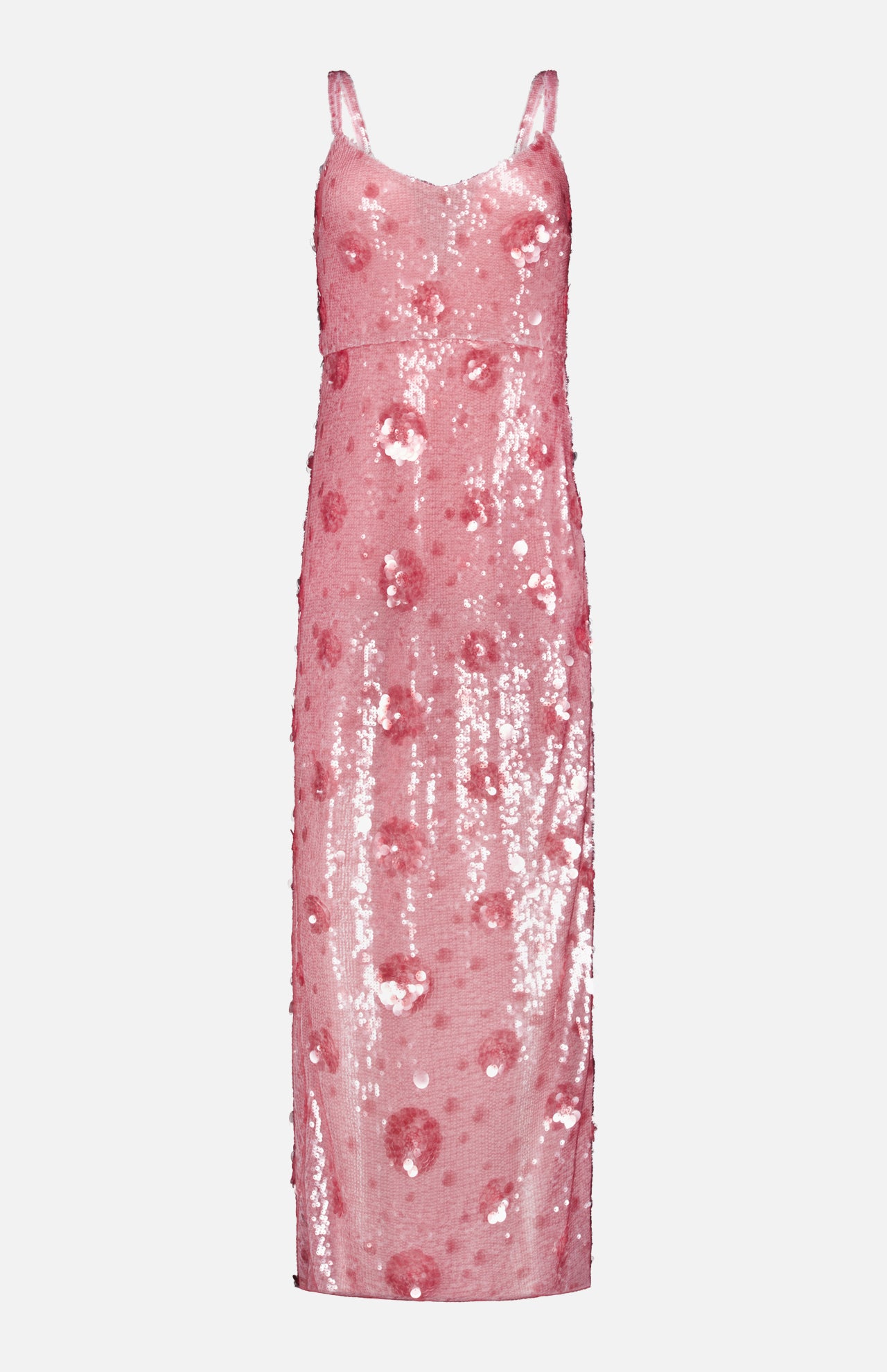 The L'AGENCE Karma Sequin Maxi Dress is a sleeveless pink party dress with thin straps and a straight silhouette, embellished with shimmering rose-patterned sequins in circular designs.
