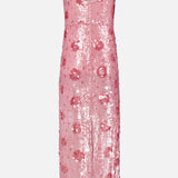 The Karma Sequin Maxi Dress by L'AGENCE is a sleeveless, ankle-length pink party dress with thin straps and shiny rose-pattern sequins, shown against a plain white background.