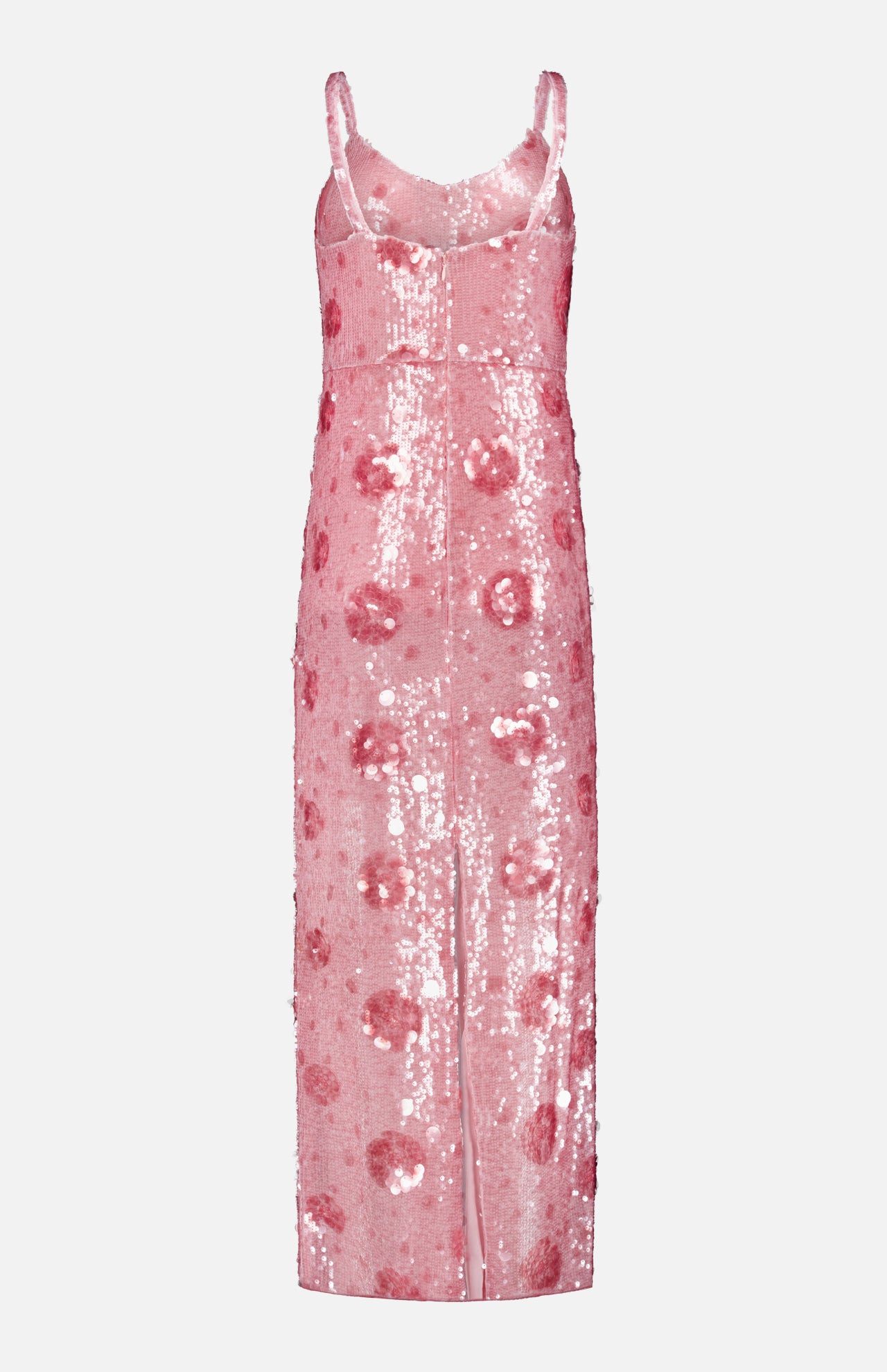 The Karma Sequin Maxi Dress by L'AGENCE is a sleeveless, ankle-length pink party dress with thin straps and shiny rose-pattern sequins, shown against a plain white background.