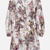 The Kiersten Long Puff Sleeve Dress by L'AGENCE features a white linen-blend, butterfly print, collared neckline, button-down front, belted waist, and a pink, purple, and yellow floral design.