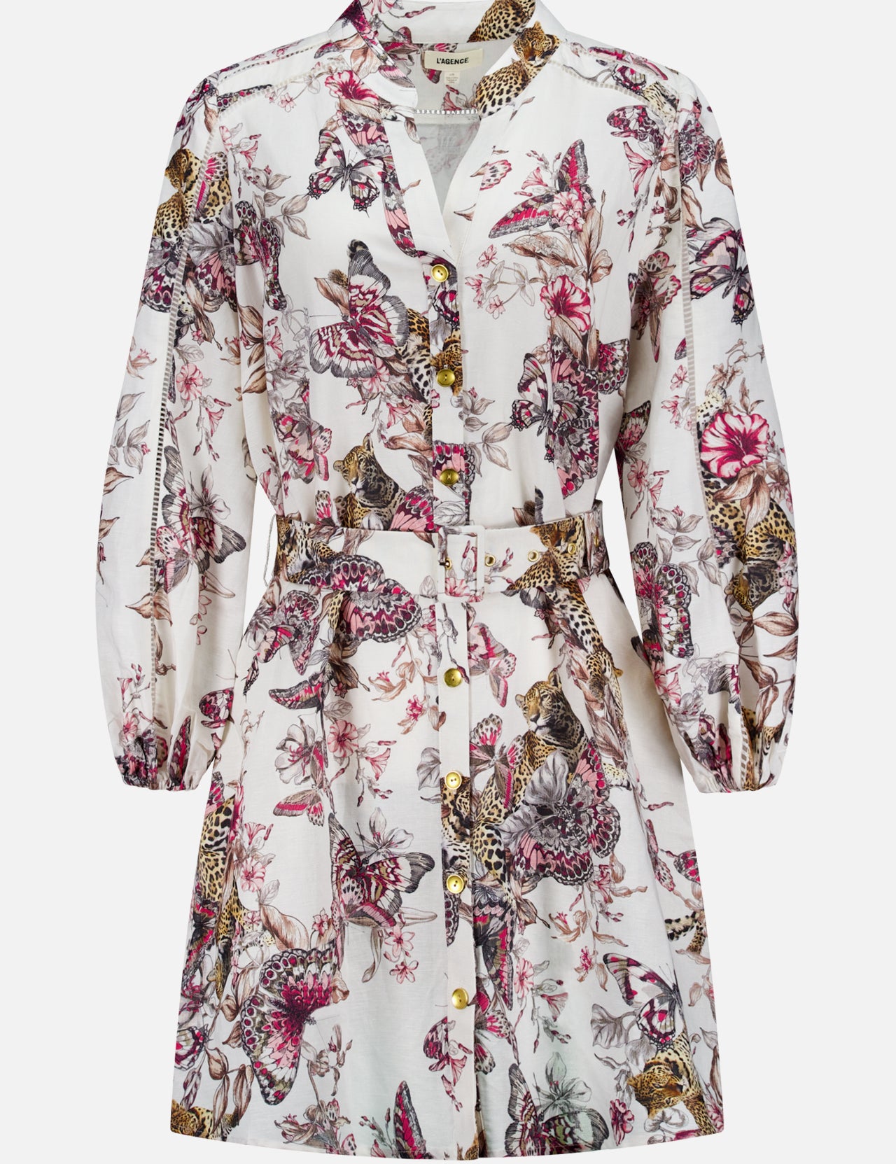 The Kiersten Long Puff Sleeve Dress by L'AGENCE features a white linen-blend, butterfly print, collared neckline, button-down front, belted waist, and a pink, purple, and yellow floral design.