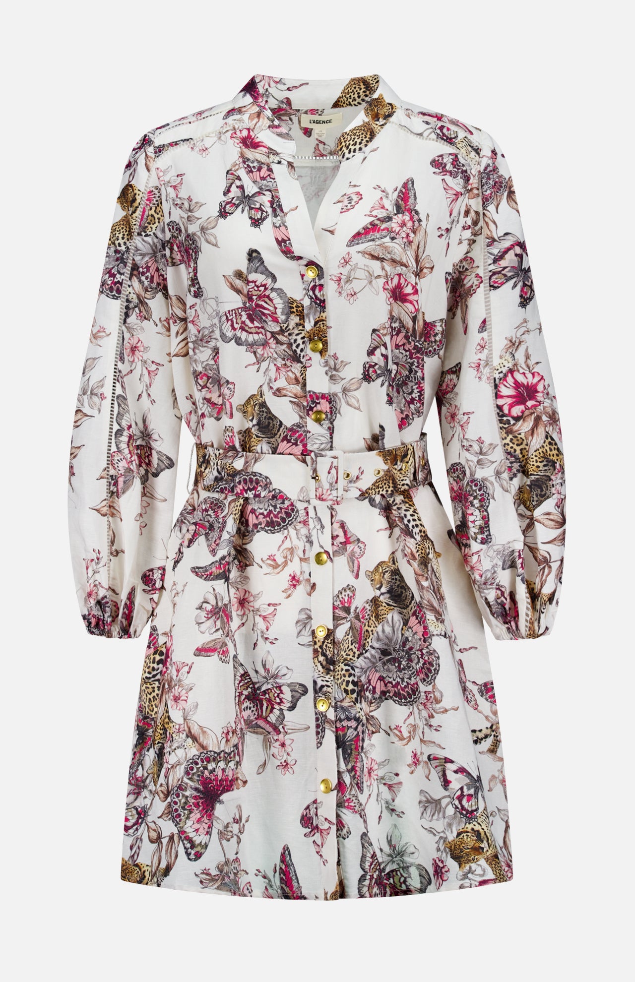 The Kiersten Long Puff Sleeve Dress by L'AGENCE features a white linen-blend, butterfly print, collared neckline, button-down front, belted waist, and a pink, purple, and yellow floral design.