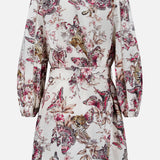 The Kiersten Long Puff Sleeve Dress by L'AGENCE is a linen-blend style with a collared neckline, belted waist, and long sleeves. It showcases vibrant butterflies, leopards, and flowers in pinks, browns, and beige on white. Shown from the back.