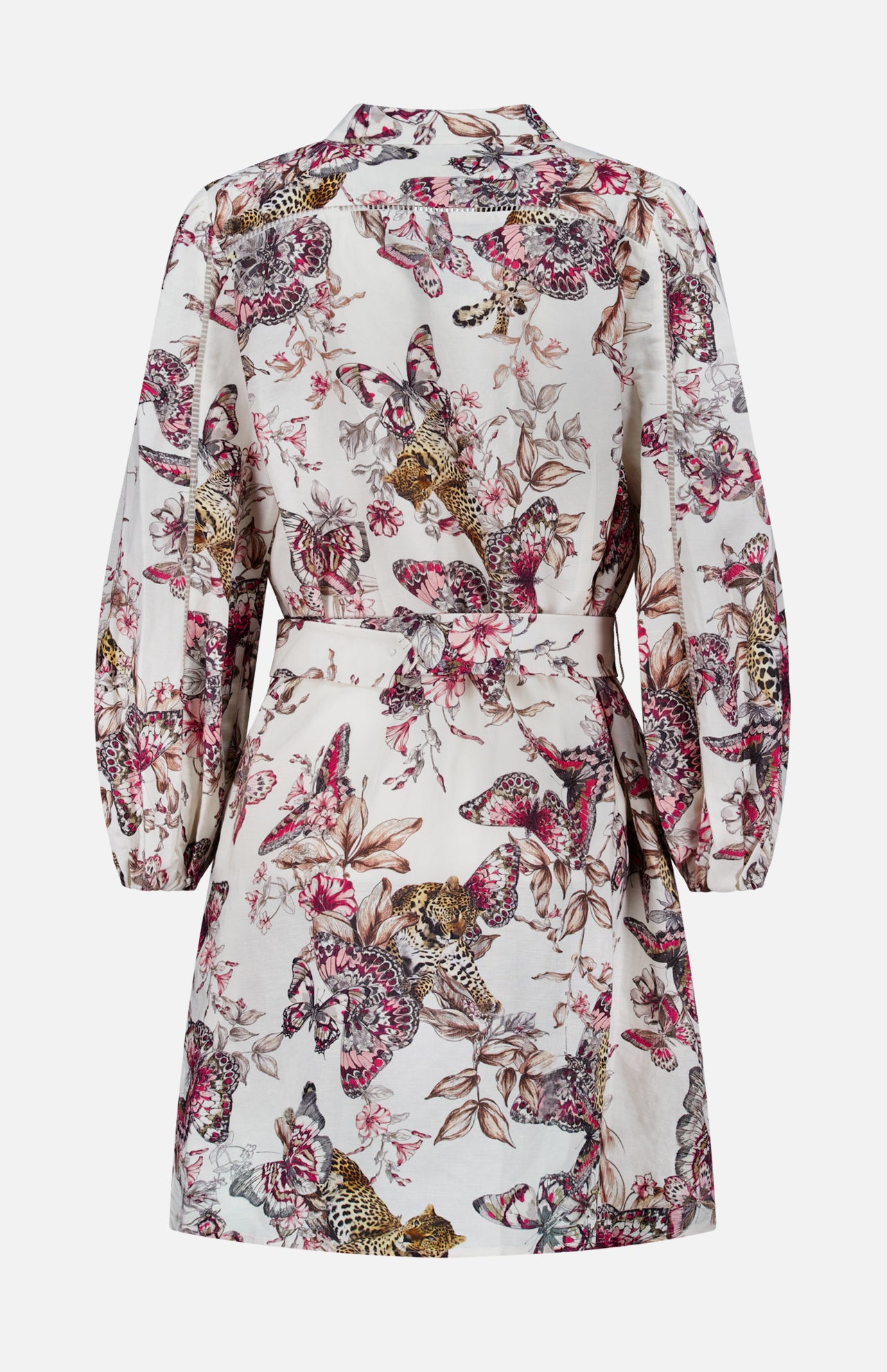 The Kiersten Long Puff Sleeve Dress by L'AGENCE is a linen-blend style with a collared neckline, belted waist, and long sleeves. It showcases vibrant butterflies, leopards, and flowers in pinks, browns, and beige on white. Shown from the back.