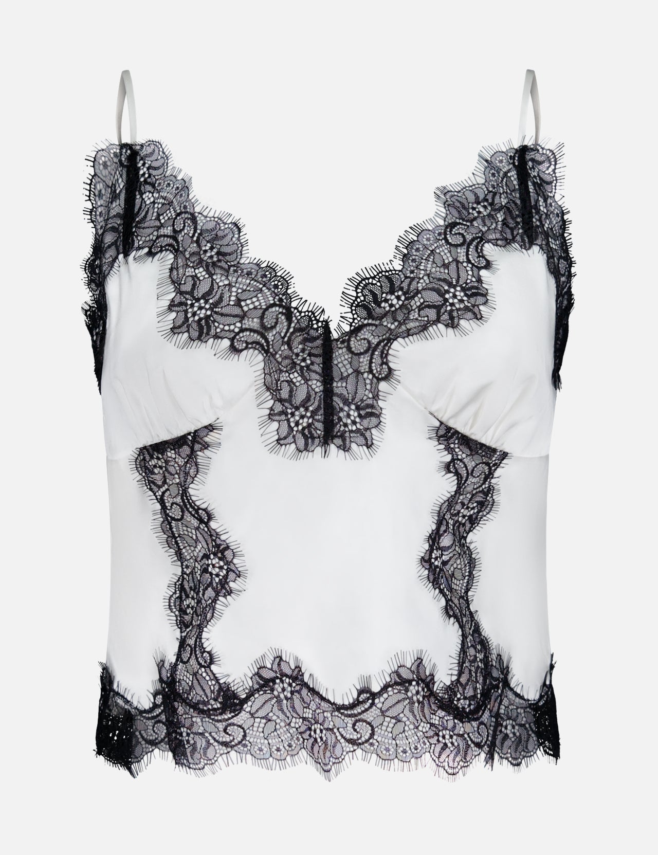 The Kimber Lace Insert Cami by L'AGENCE is a white satin cropped camisole featuring black lace trim at the neckline, hem, and seams, plus thin adjustable straps for a delicate, sophisticated look.