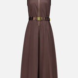 The Kolton Midi Dress by L’AGENCE is a dark brown, sleeveless dress featuring a collared neckline, front zipper closure, and a matching belt at the waist. Its pleated skirt and tailored silhouette create a structured and sophisticated appearance.