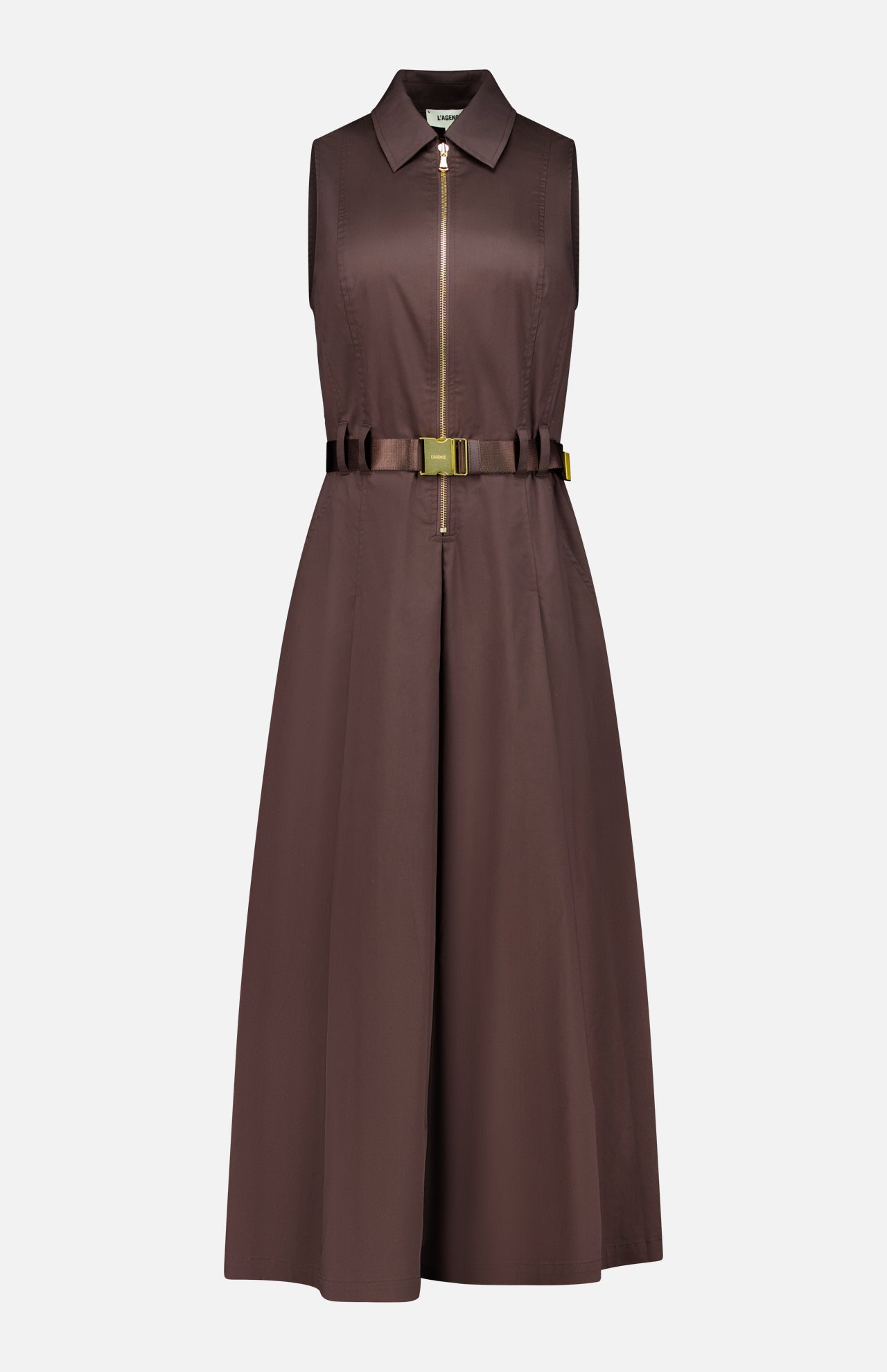 The Kolton Midi Dress by L’AGENCE is a dark brown, sleeveless dress featuring a collared neckline, front zipper closure, and a matching belt at the waist. Its pleated skirt and tailored silhouette create a structured and sophisticated appearance.