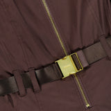 Close-up of the Kolton Midi Dress by L’AGENCE in dark brown, featuring a visible gold zipper and a matching brown belt with a rectangular gold buckle engraved with “Vince.”.