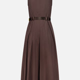 The Kolton Midi Dress by L’AGENCE is a sleeveless, dark brown midi dress seen from the back, featuring a fitted bodice and flared skirt with a dark belt at the waist. This belted design showcases clean, simple lines with no visible embellishments.
