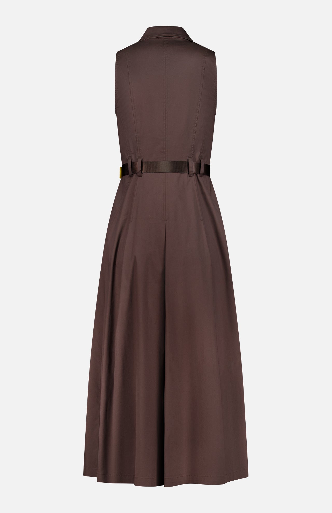 The Kolton Midi Dress by L’AGENCE is a sleeveless, dark brown midi dress seen from the back, featuring a fitted bodice and flared skirt with a dark belt at the waist. This belted design showcases clean, simple lines with no visible embellishments.