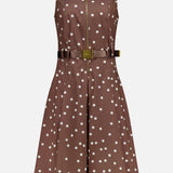 The Kylo Belted Shirt Dress by L'AGENCE features a sleeveless design, light brown color with polka dots, collared neckline, front zipper, fitted waist with matching belt, and a flared knee-length skirt.
