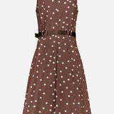 The Kylo Belted Shirt Dress by L'AGENCE features a sleeveless light brown design with white polka dots, collared neckline, pleated skirt, and black waist belt, shown from the back against a plain white background.