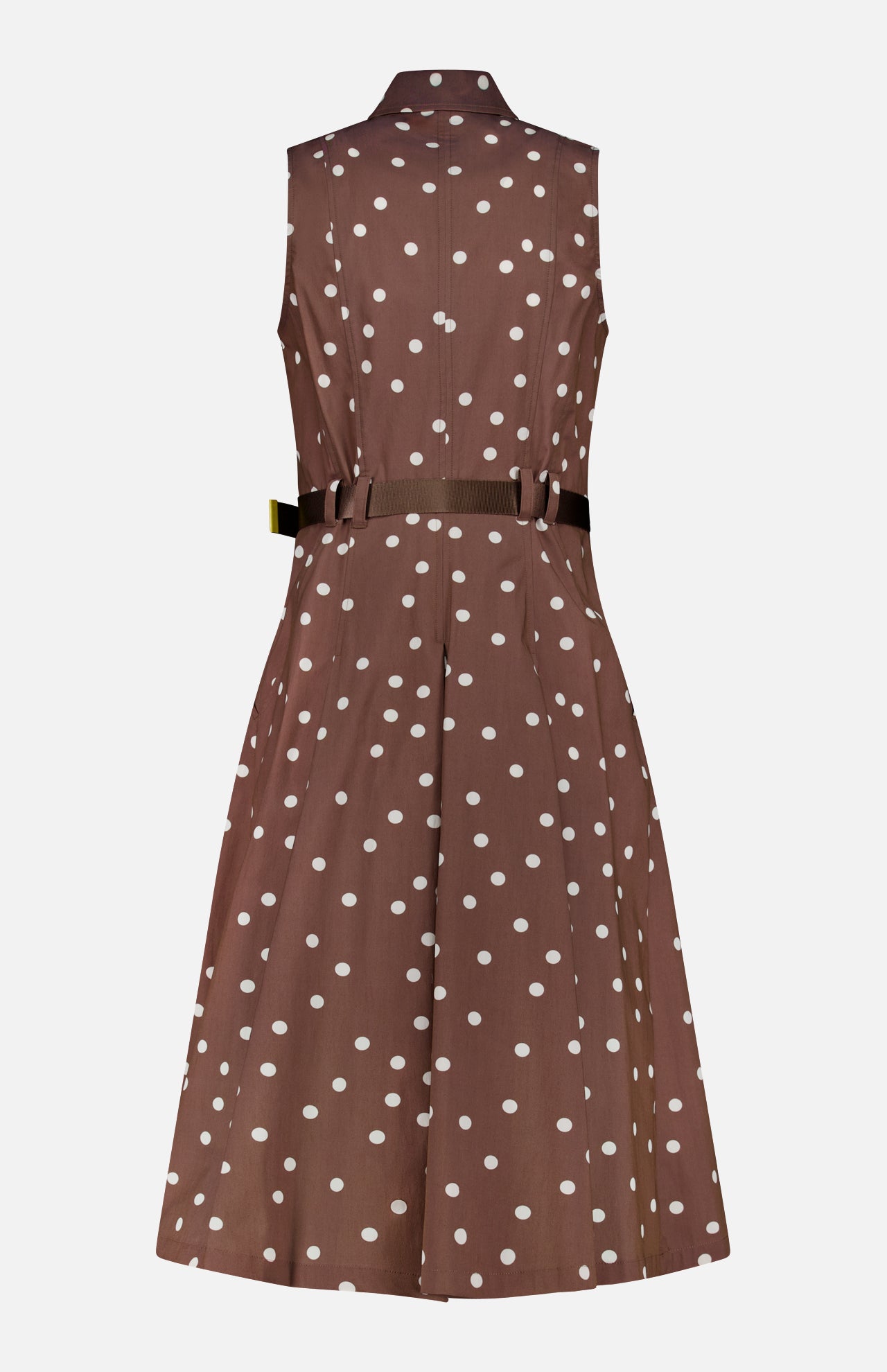 The Kylo Belted Shirt Dress by L'AGENCE features a sleeveless light brown design with white polka dots, collared neckline, pleated skirt, and black waist belt, shown from the back against a plain white background.