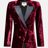 L’Agence Kyomi with Satin Lapel Blazer in deep red velvet, featuring a double-breasted design and contrasting dark grey satin lapel.