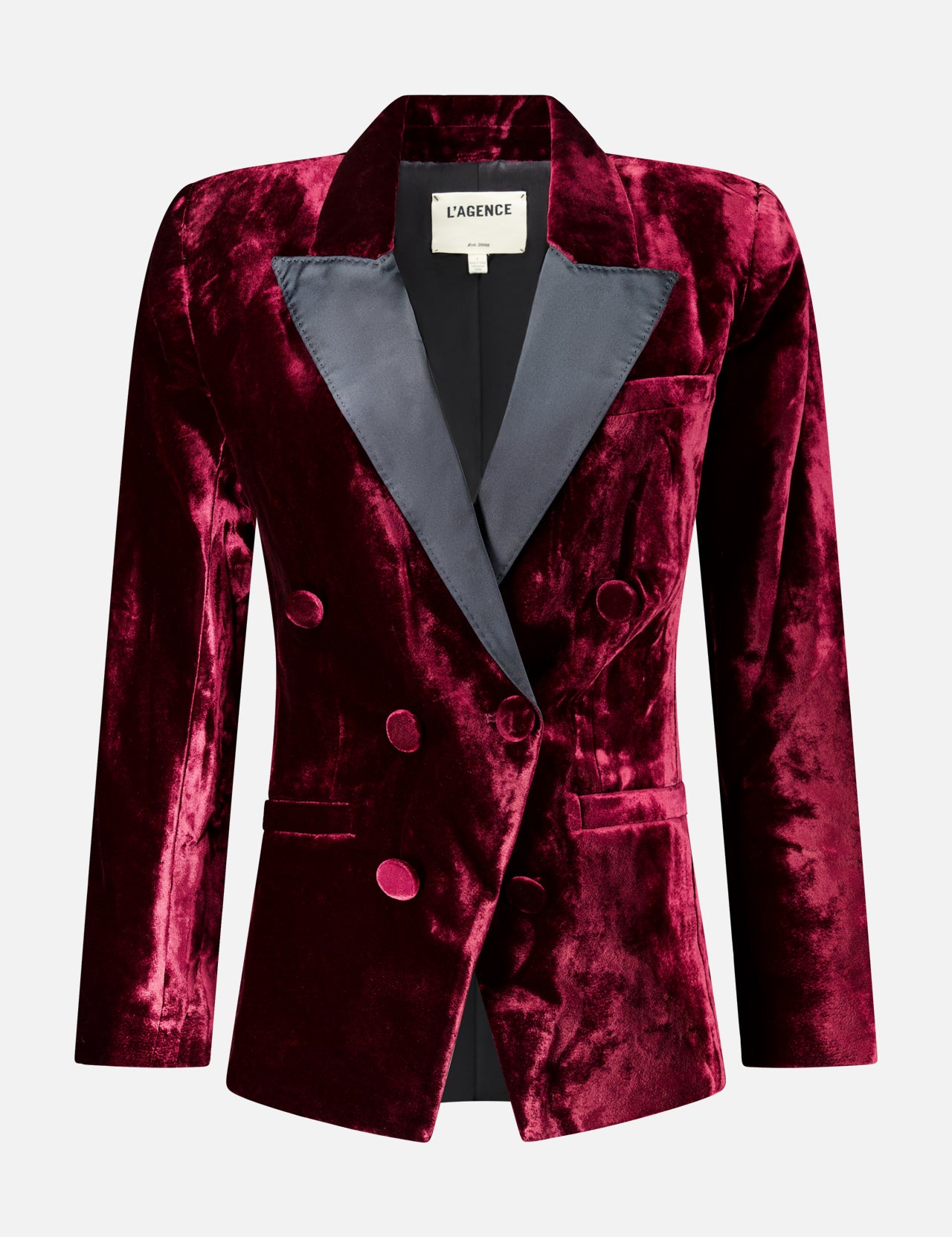 L’Agence Kyomi with Satin Lapel Blazer in deep red velvet, featuring a double-breasted design and contrasting dark grey satin lapel.