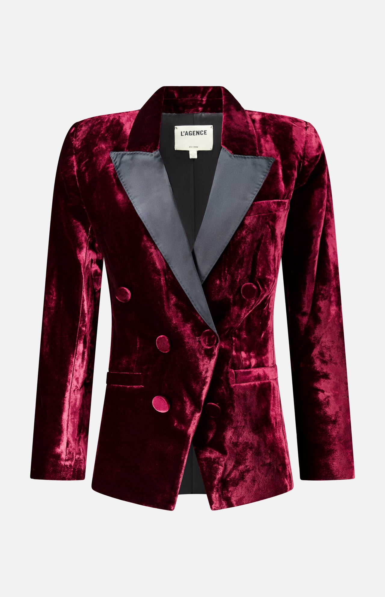L’Agence Kyomi with Satin Lapel Blazer in deep red velvet, featuring a double-breasted design and contrasting dark grey satin lapel.