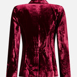 Back view of a deep red L’Agence Kyomi with Satin Lapel Blazer featuring a single vent and satin-covered buttons on the cuffs.
