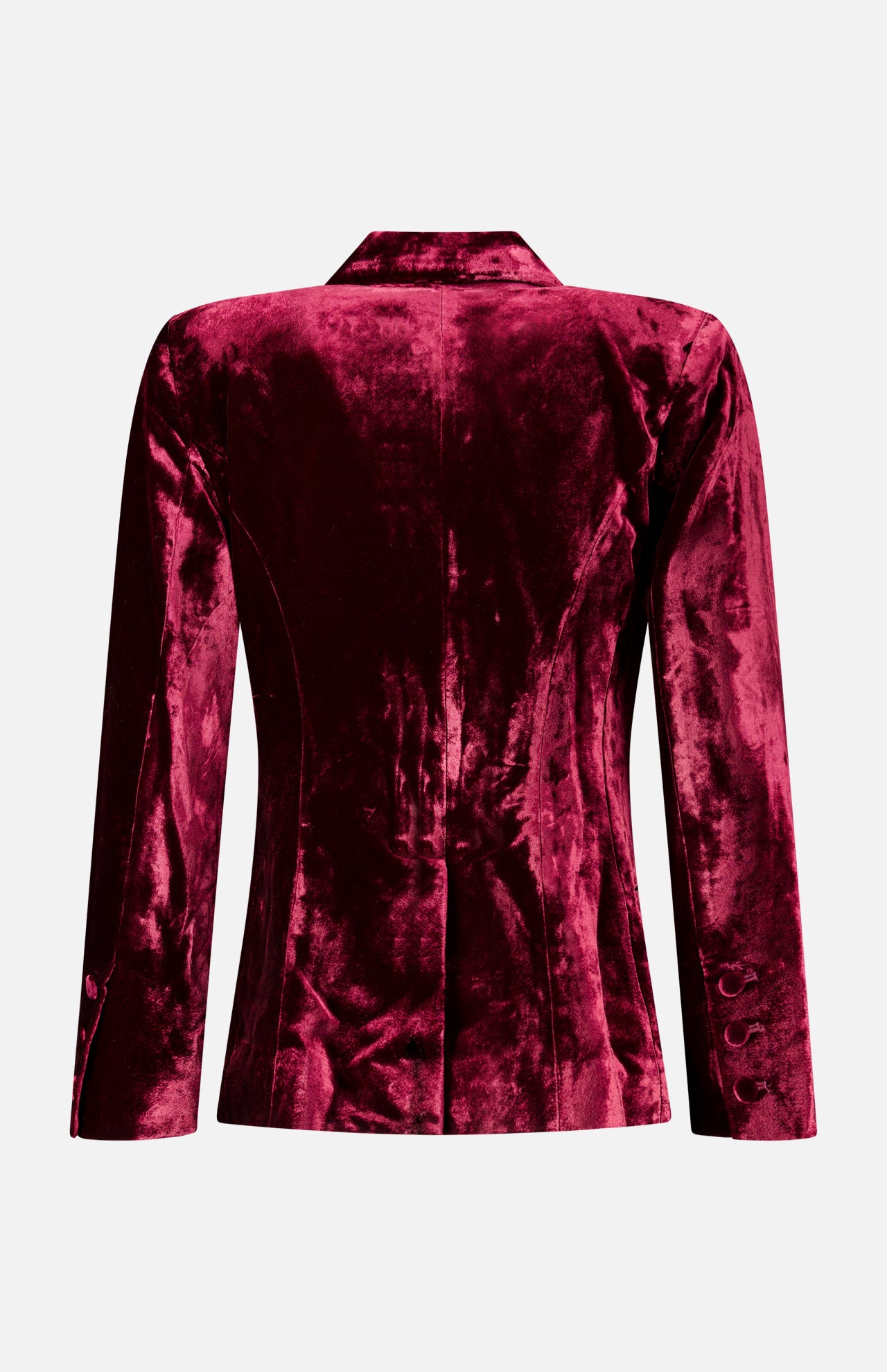 Back view of a deep red L’Agence Kyomi with Satin Lapel Blazer featuring a single vent and satin-covered buttons on the cuffs.