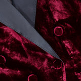 L’Agence Kyomi with Satin Lapel Blazer in deep red velvet with dark gray satin lapels and a double-breasted design.