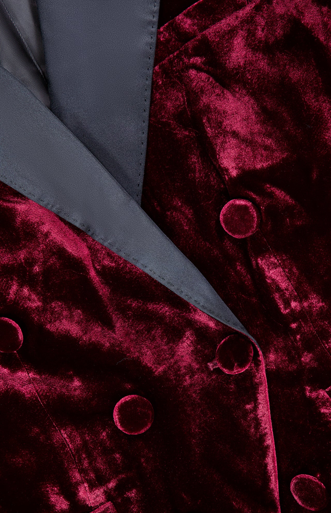 L’Agence Kyomi with Satin Lapel Blazer in deep red velvet with dark gray satin lapels and a double-breasted design.