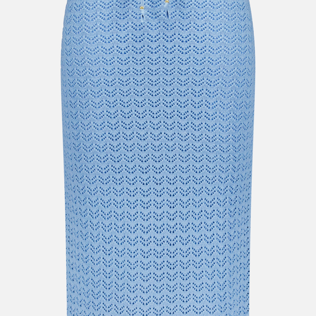 The L'AGENCE Lacen Pointelle Knit Skirt is a knee-length, powder blue crochet pencil skirt with a subtle zigzag pattern and drawstring waist, shown against a white background.