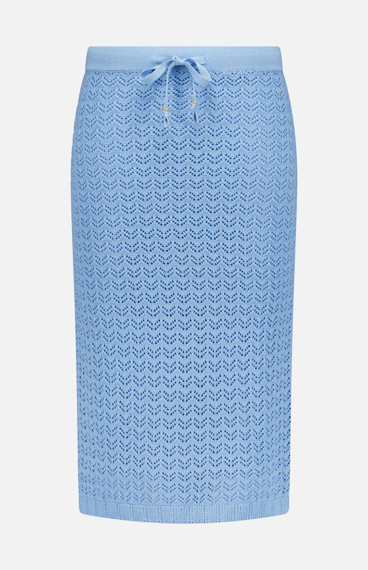 The L'AGENCE Lacen Pointelle Knit Skirt is a knee-length, powder blue crochet pencil skirt with a subtle zigzag pattern and drawstring waist, shown against a white background.
