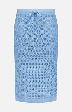 The L'AGENCE Lacen Pointelle Knit Skirt is a knee-length, powder blue crochet pencil skirt with a subtle zigzag pattern and drawstring waist, shown against a white background.