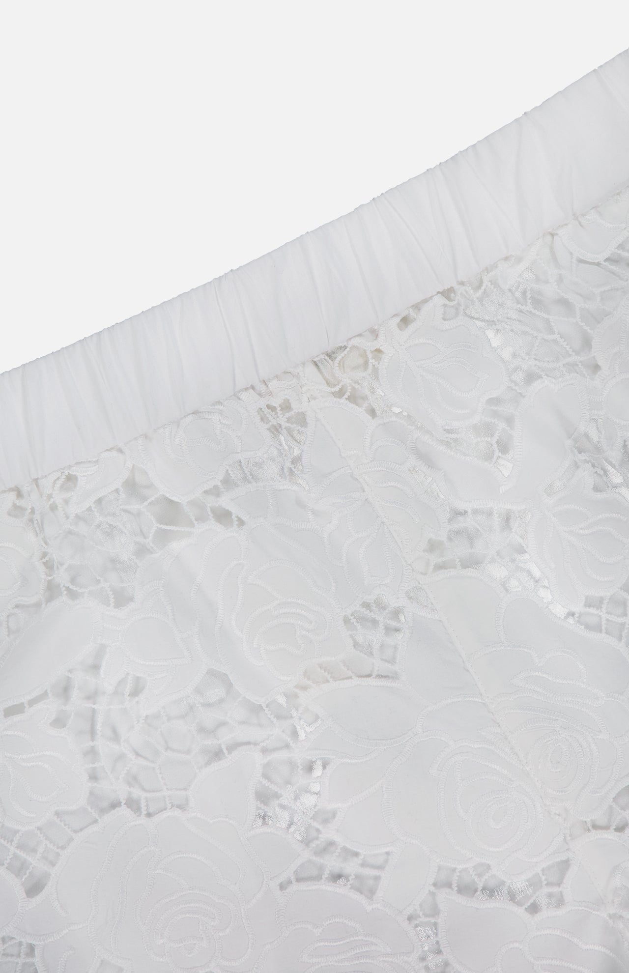 Close-up of the L'AGENCE Laina Pull On Eyelet Short, featuring a white floral rose lace pattern, sheer design, and a comfy pull-on style with an elastic waistband.