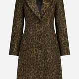 L’Agence Laney Leopard Print Coat in a knee-length, single-breasted, slim-fit silhouette featuring notched lapels and a three-button front closure.