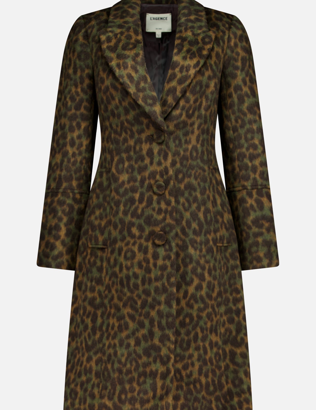 L’Agence Laney Leopard Print Coat in a knee-length, single-breasted, slim-fit silhouette featuring notched lapels and a three-button front closure.
