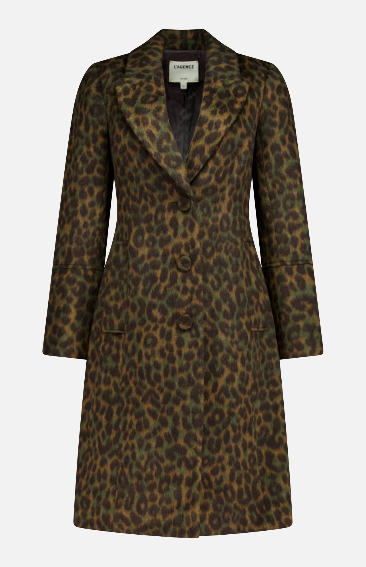 L’Agence Laney Leopard Print Coat in a knee-length, single-breasted, slim-fit silhouette featuring notched lapels and a three-button front closure.