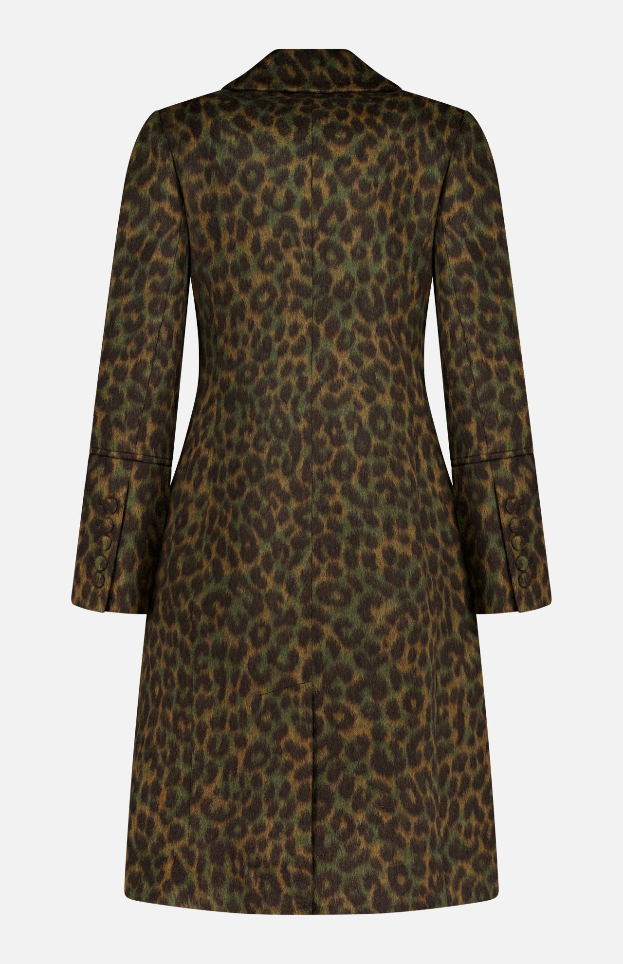 Back view of the L’Agence Laney Leopard Print Coat in green and brown, featuring a slim fit, notched collar, and button cuffs.