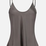 The Lexi Silk Charmeuse Camisole by L’AGENCE is a gray v-neck tank with adjustable spaghetti straps and a loose, slightly flared fit, shown on a plain white background.