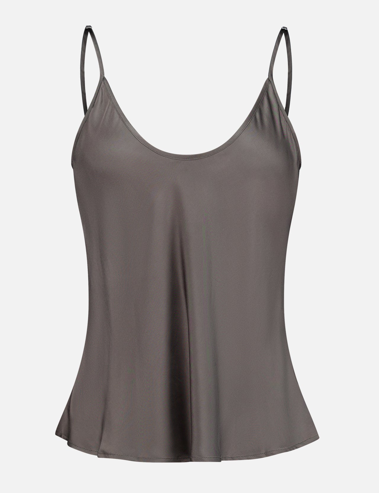 The Lexi Silk Charmeuse Camisole by L’AGENCE is a gray v-neck tank with adjustable spaghetti straps and a loose, slightly flared fit, shown on a plain white background.