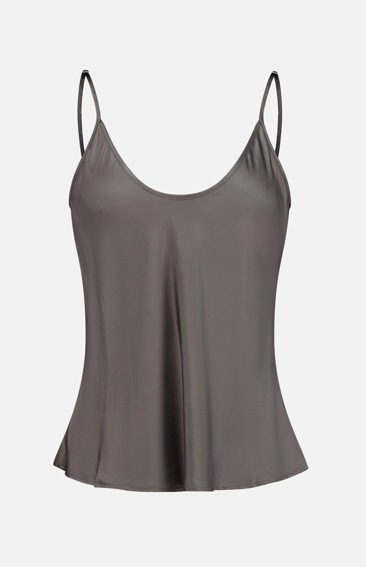 The Lexi Silk Charmeuse Camisole by L’AGENCE is a gray v-neck tank with adjustable spaghetti straps and a loose, slightly flared fit, shown on a plain white background.