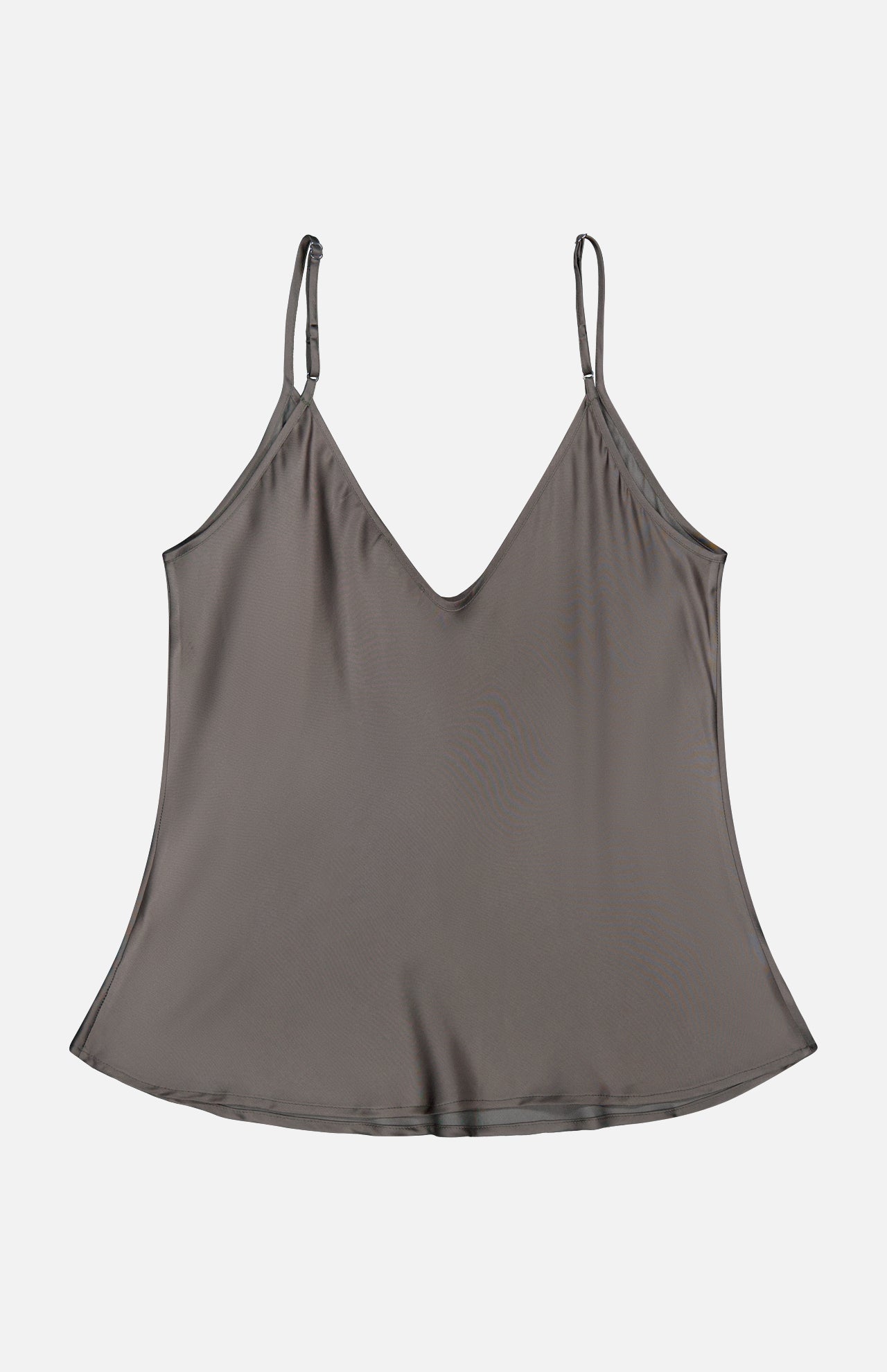 Lexi Silk Charmeuse Camisole by L’AGENCE features a gray silk finish, adjustable straps, V-neckline, and slightly flared hem, shown laid flat on a white background.